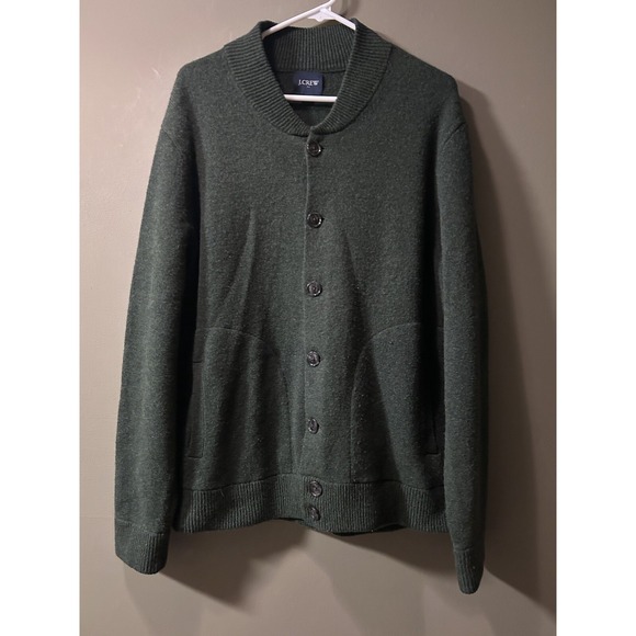 J. Crew 100% Lambswool Bomber Sweater Cardigan Men's LG Green Grandpa - Picture 1 of 9